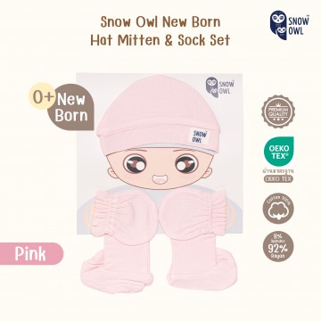 Snow owl R/S Newborn Hat Mitten&Socks Set หมวก,ถุงมือ,ถุงเท้า สีขาว สำหรับเด็กแรกเกิด - Pink